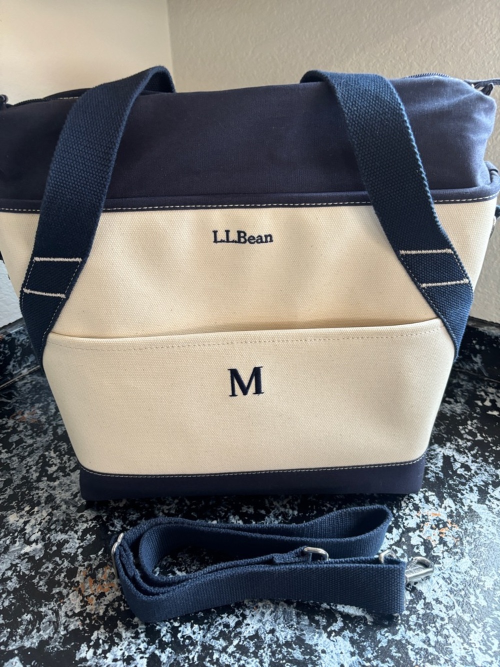 L.L. Bean Navy and Cream Canvas Medium Insulated Cooler Monogram M